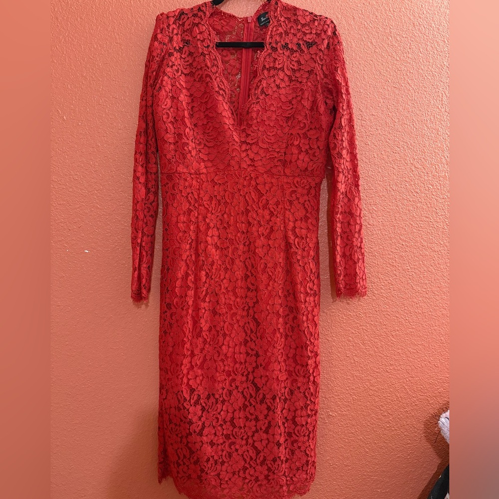 Bardot Vibrant Red Lace Long Sleeve Dress